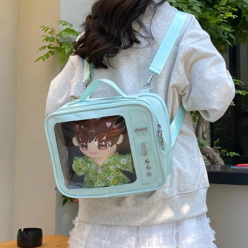 Y2K Japanese Kawaii TV Design Ita Bag Cute PU Shoulder Bag Transparent Pocket Harajuku Crossbody Bag for Women Fashion Backpacks