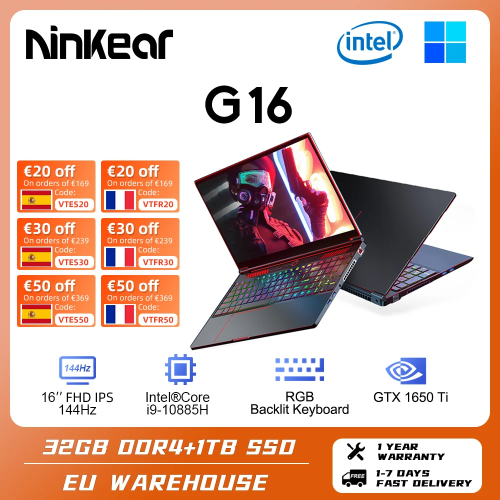 Laptop Da Gioco Ninkear G16 16 Pollici Intel Core I9-10885H Nvidia Gtx1650Ti 144Hz 32Gb + 1Tb Ssd Windows 11 Notebook Da Gioco