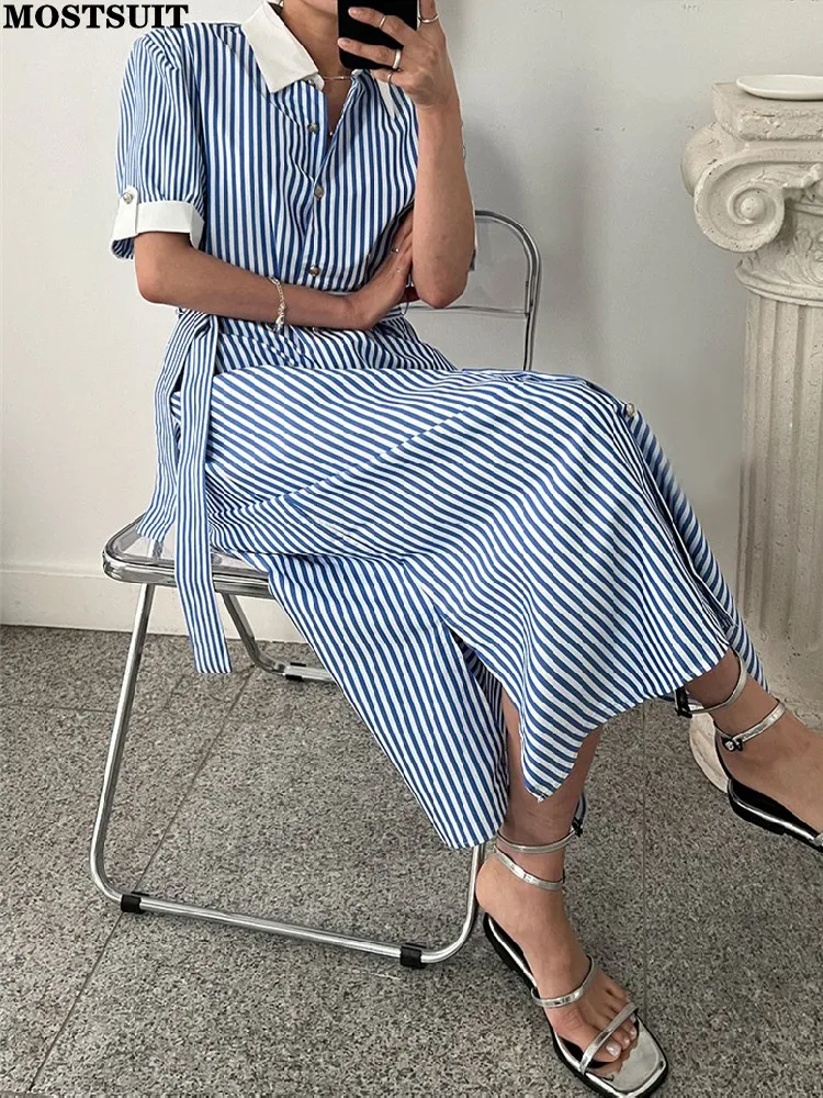 

Korean Striped Shirt Dress For Women 2024 Summer Loose Waist Belted Short Sleeve Long Maxi Dresses Single-breasted Chic Vestidos
