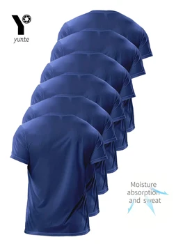 Crew T-Shirt6Pcs Navy Blue Ultralight Men Quick Dry Breathable Sweat Shirt for Fitness Gym and Running Light Plaid Quick Drying 2