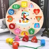 Wooden Clock Puzzle Cartoon Animal Shape Tangram Cognitive Digital Clock Kids Early Educational Threading Assembly Toys 6