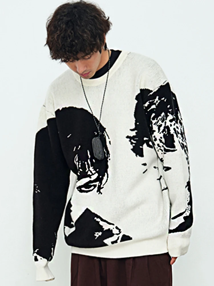 

Men Vintage Gothic Sweater Long Sleeve Aesthetic Clothing Oversize Fashion Knitted Portrait Print Pullover Harajuku Streetwear