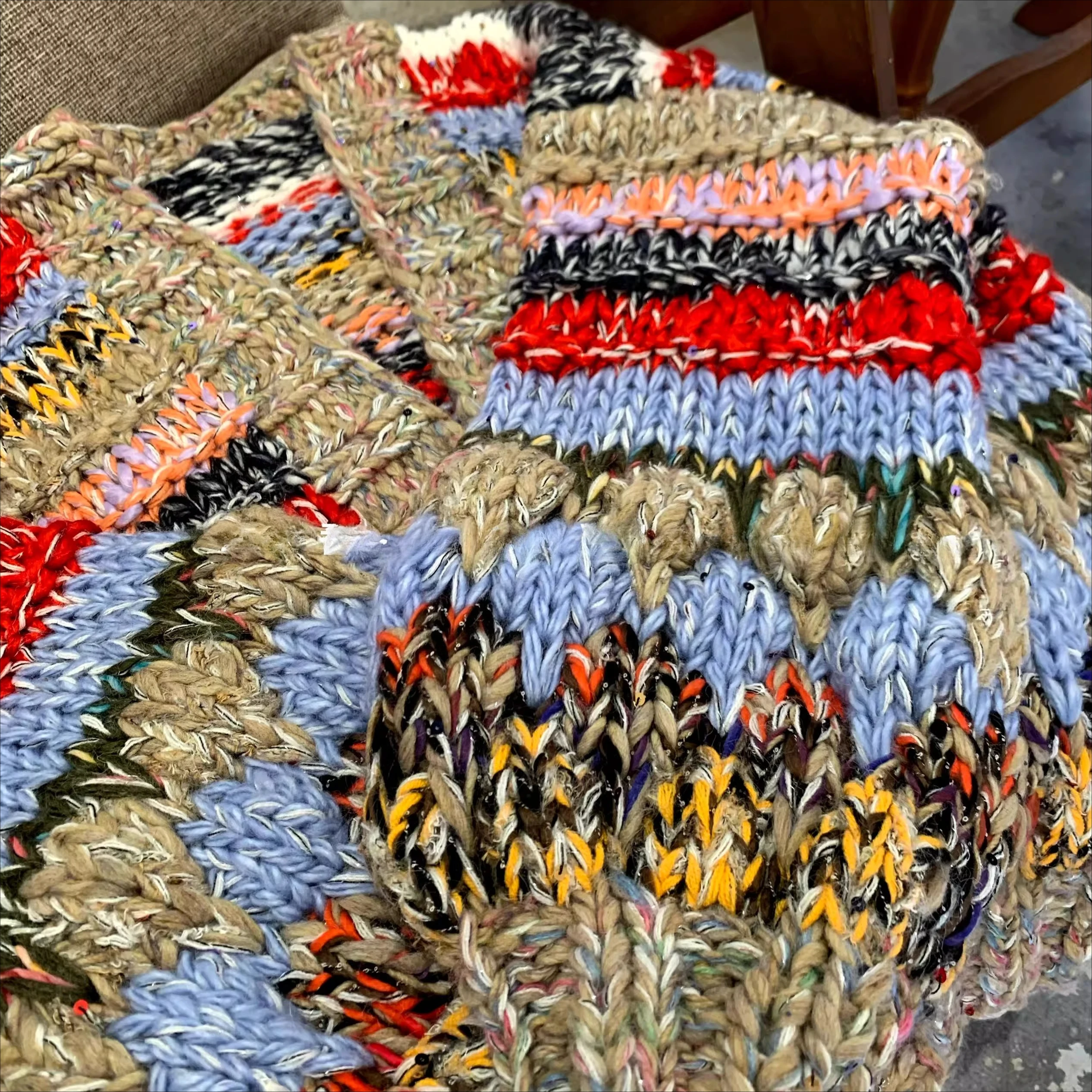 Women Vintage Multicolor Chunky Knit Cardigan Color Block Loose