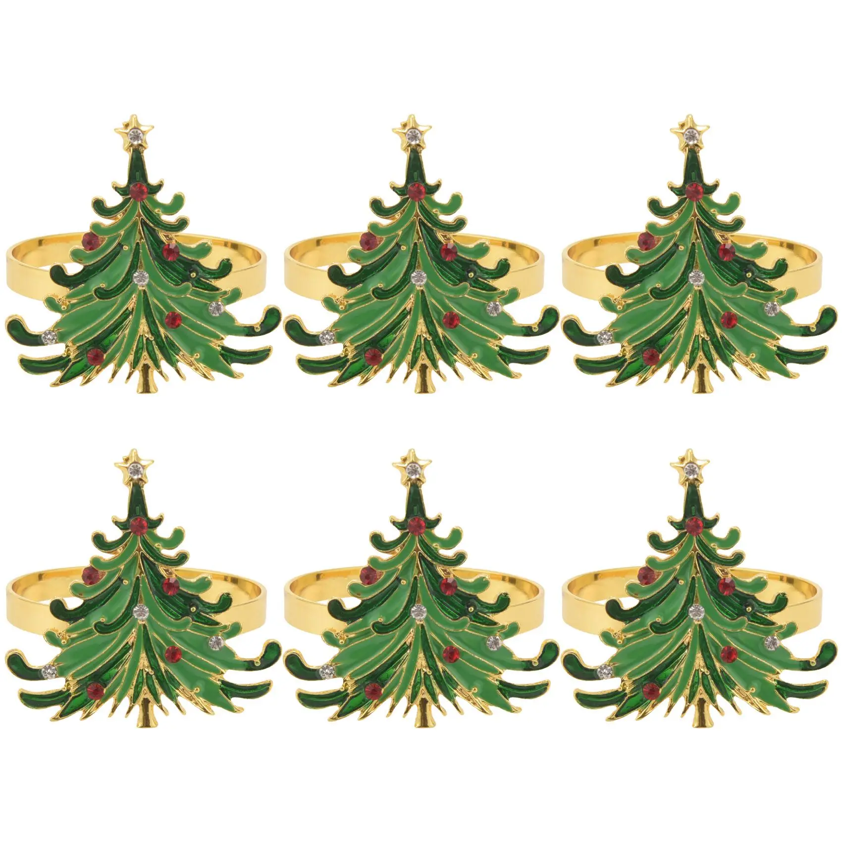 

6 зеленых кольца для салфеток с рождественской елкой, золотые кольца с красным и белым бриллиантом для рождественского обеденного стола