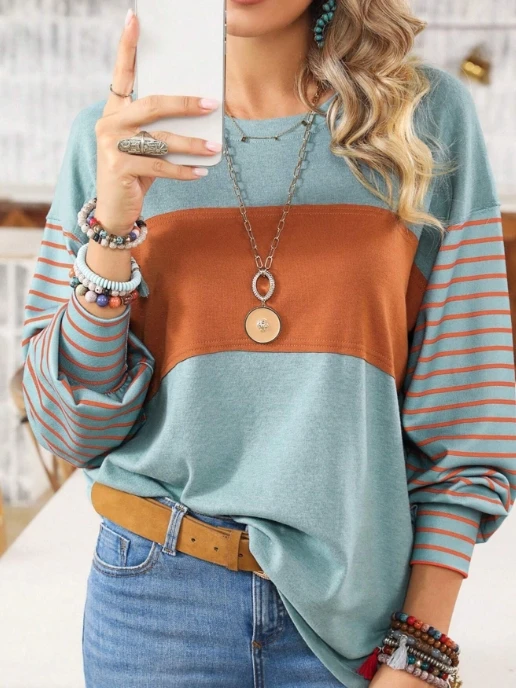 

Women's Blouse 2023 Autumn Pullover Round Neck Casual Striped Contrast Long Sleeved T-Shirt for Women Versatile New Fashion Tops