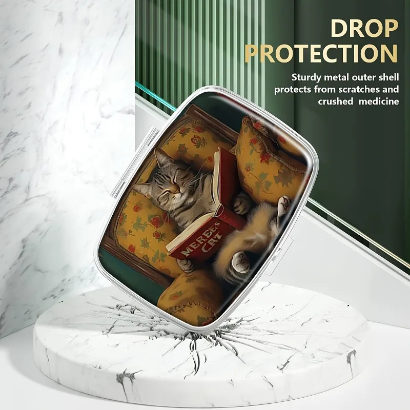 Cute Cat Pattern Metal Medicine Box with 2 Compartments, Portable Medicine Finishing Box, Suitable for Wallet and Travel