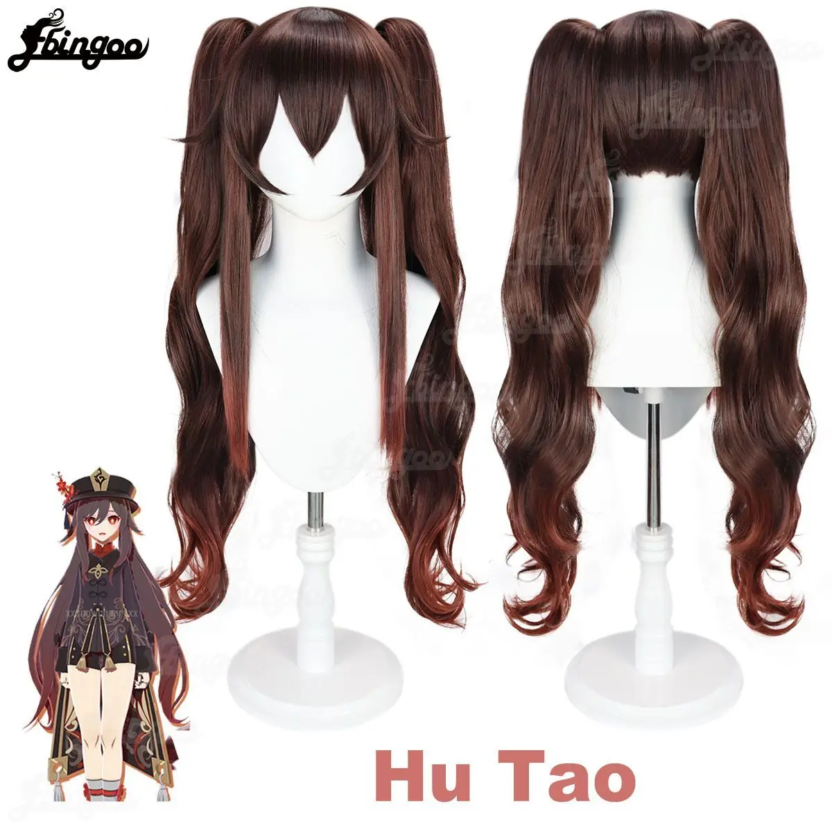 Ebingoo Synthetic Wig Genshin Impact Hu Tao Cosplay Wig Long Brown Wig with Bangs Ponytails Heat Resistant Synthetic Hair ebingoo genshin impact zhongli ganyu aether tartaglia klee ningguang rosaria sucrose cosplay wig heat resistant syntheric fiber