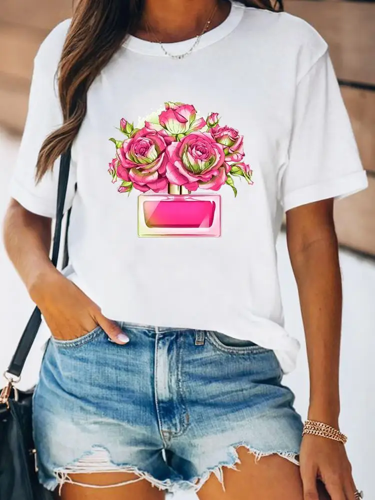 Women Spring Fashion Summer Female Tee Shirt Print Clothes Lady Short Sleeve Flower Lovely Floral Trend 90s Graphic T-shirt