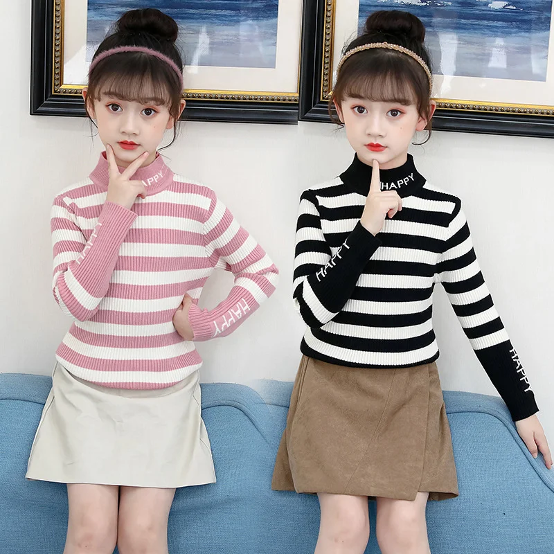 

Girls Turtleneck Sweater 2023 New Kids Slim Jumper Children Letters Pullovers Teens Clothes Striped Bottoming Knitting 4-14Y