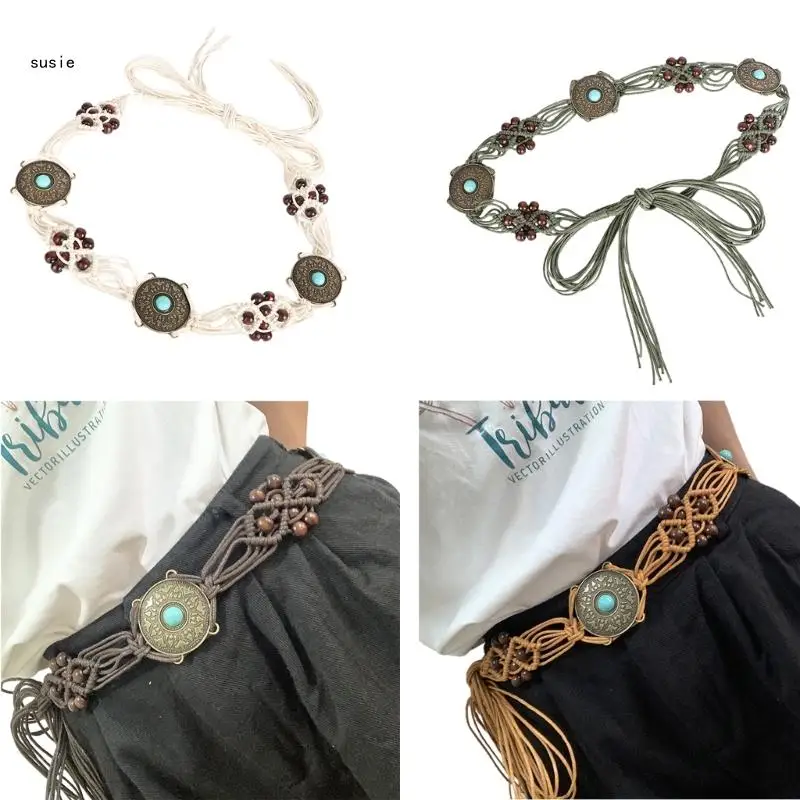 

X7YA Handmade Weaving Waist Rope for Women Ladies Dress Waist Belt with Bohemian Beads Decors Fashion Female Waist Rope