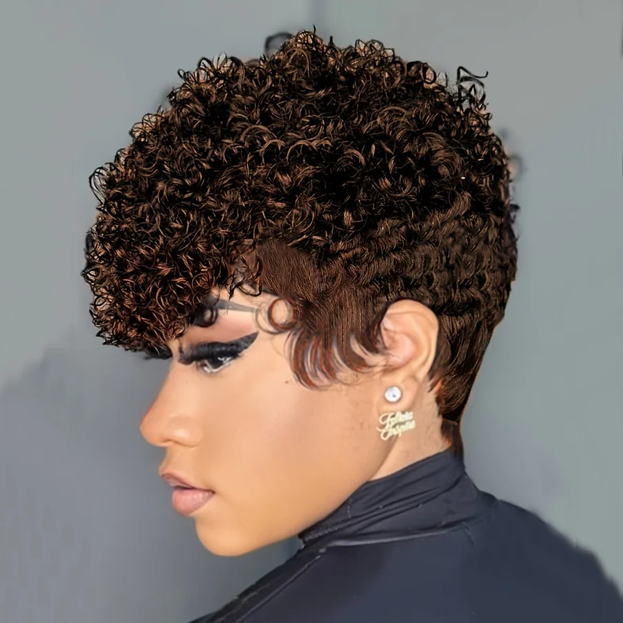 99J 버건디 픽시컷 가발 (앞머리 포함) 인모 숏 컬리 레이어드 스타일 기계식 가발, 데일리 착용 및 코스프레에 적합