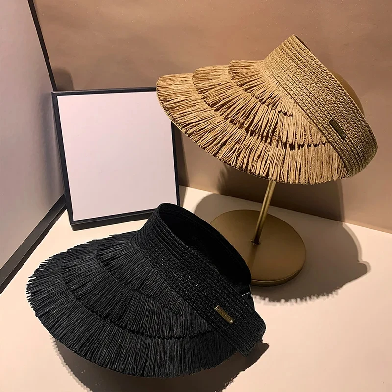 Designer Brand Sunscreen Tassel Straw Hats for Women Summer Empty Top Sun Hat Outdoor Pamama UV Protection Beach Sunshade Cap