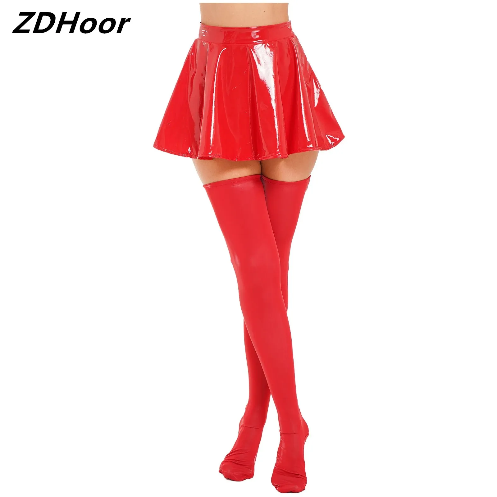 Womens Glossy Patent Leather Flared Skirt Set Sexy Zipper A-Line Mini Skirts and Thigh High Stockings for Club Dance Performance