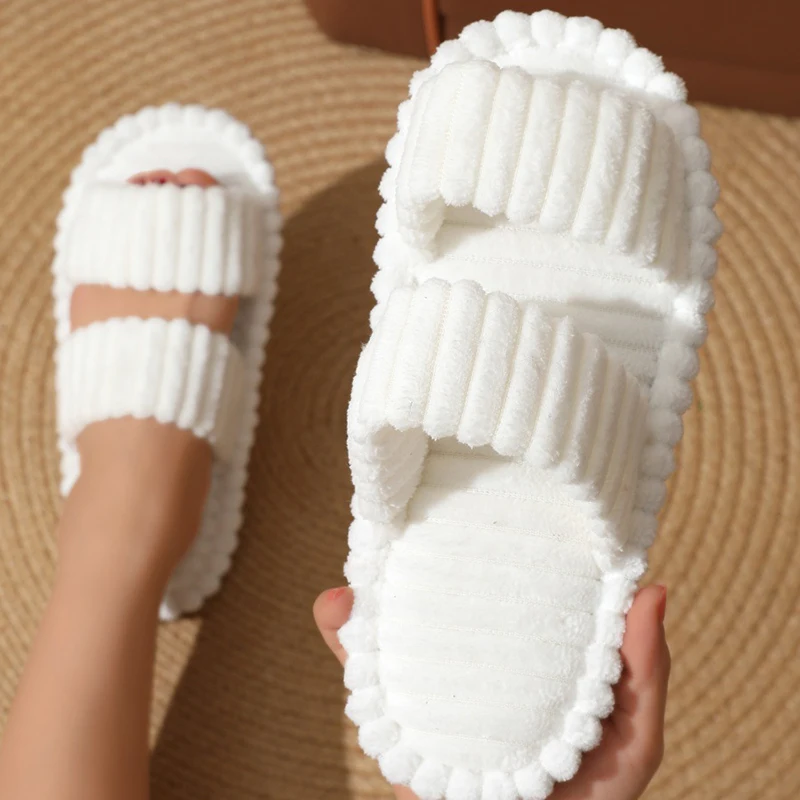 Autumn Winter Corduroy Women's Home Slippers Lightweight Indoor Floor Fuzzy Slippers Women Open Toe Non Slip Plush Slides Female