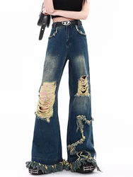 Retro American High Street Ripped Holes Jeans Girl Vintage Blue Oversized Denim Trousers Fashion Beaded Wide Leg Pants Women Y2K