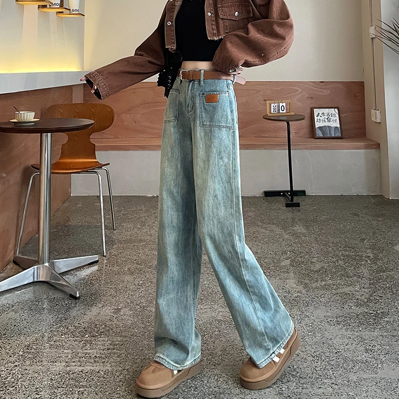 Straight Jeans Women High Waist Streetwear Light Blue Boyfriend Denim Pants Ladies Wide Leg Jeans For Girls