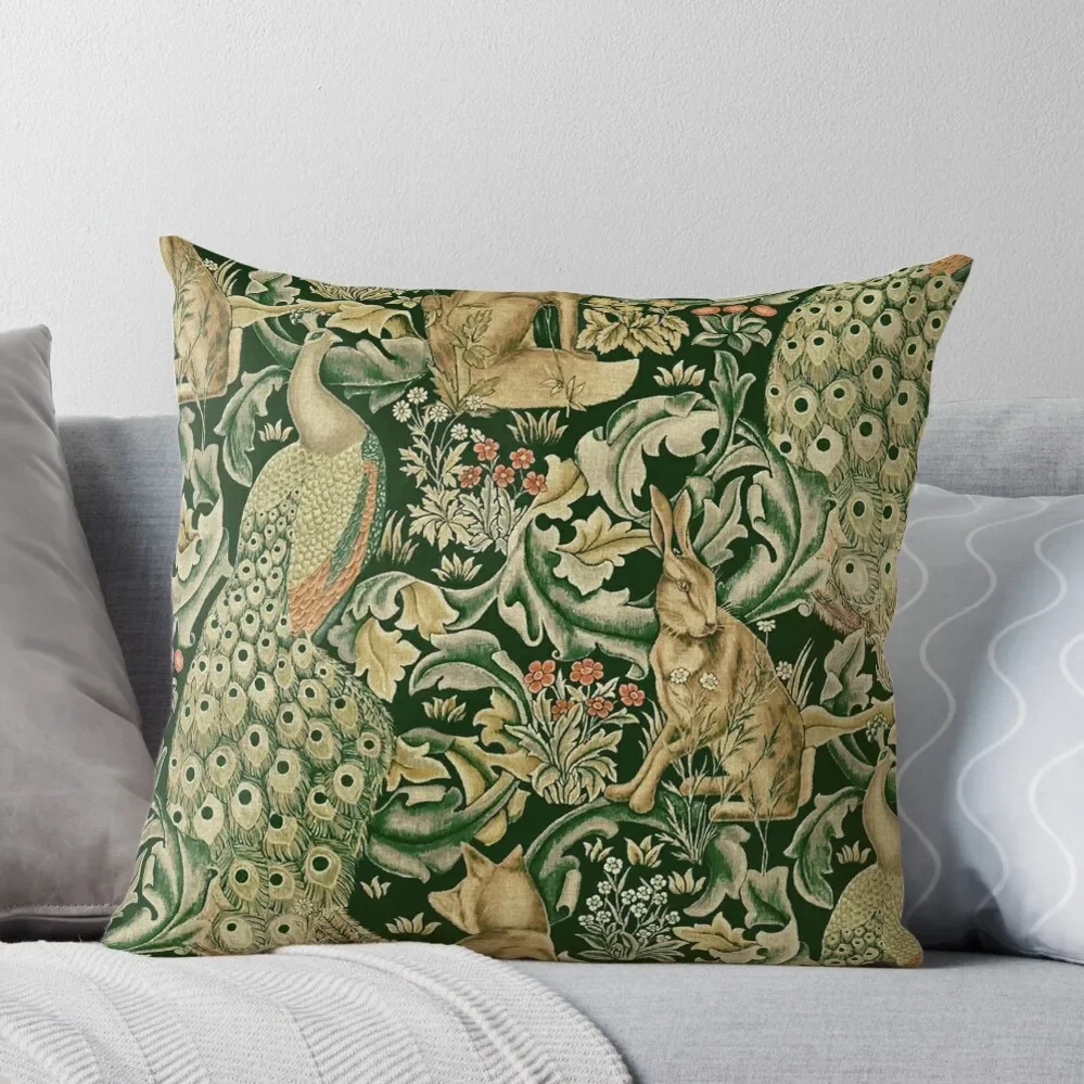 

GREEN FOREST ANIMALS ,PEACOCKS, FOX AND HARE IN GREEN LEAVES,FLORAL PATTERN Throw Pillow Cushion Child