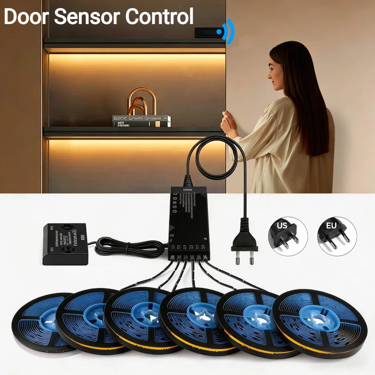 Door Sensor Controlled COB LED Strip Lights, 2-10PCS Cabinet Group Lighting, Black PCB Hidden Design, 110-240V US/EU Plug