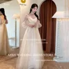 XPAY V Neck Long Puff Sleeve Korea Wedding Dress Princess Photo Shoot Off Shoulder Champagne Corset Back Customised Bridal Gown 1