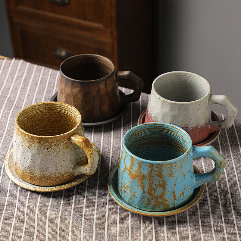 300ml Retro Ceramic Coffee Cup and Saucer Set Handmade Japanese Rough