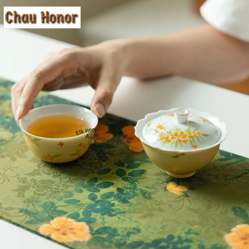 Hand-painted Osmanthus Flowers Travel Tea Set Kit Antique 1 Pot 1 Cups Tea Making Organizer Portable Picnic Tote Bag Supplies