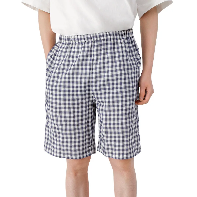 

Men's Cotton Home Pants Gauze Pajamas Shorts Loose Sand Casual Sleep Bottoms Elastic Band Lounge Wear Fashion Plaid Boxers Men