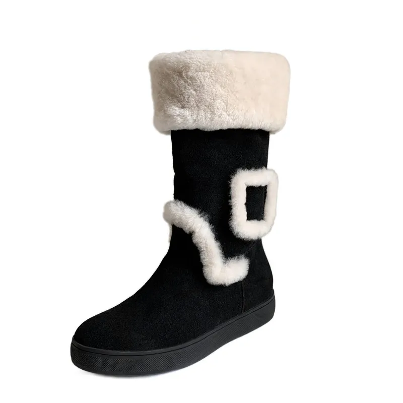 

Cow Suede Women's Snow Boots New 2023 Winter Square Heel Round Toe Slip On Platform