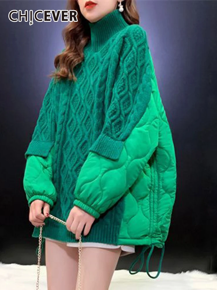 

CHICEVER Solid Patchwork Knitting Sweaters For Women Turtleneck Long Sleeve Minimalist Loose Autumn Pullover Sweater Female New