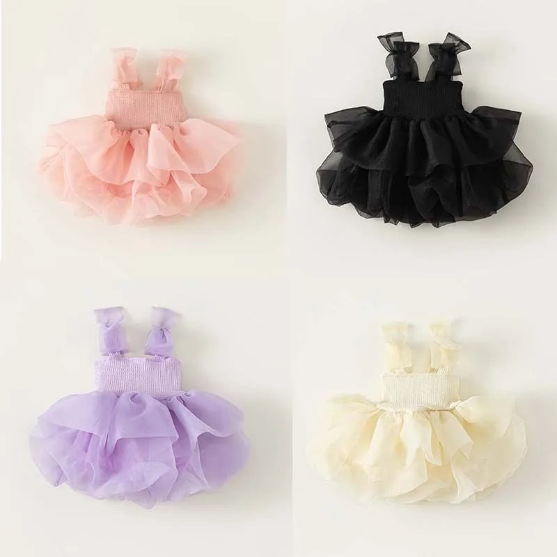 

Children's Dress 2024 Summer Girls Solid Color Suspender Bow Puffy Princess Mesh Skirt Baby Suspender Skirt