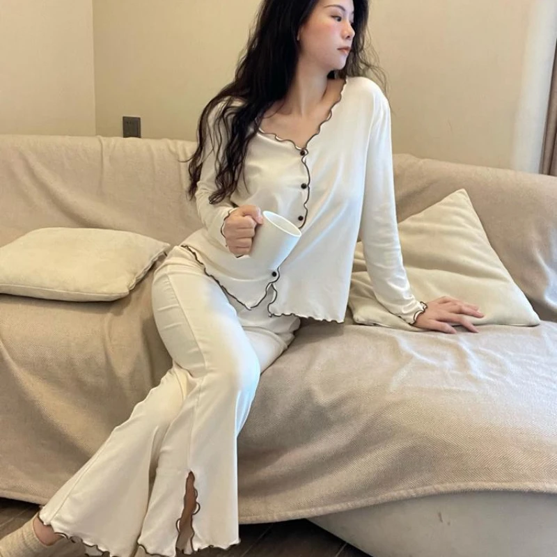 Cotton Sleepwear Women Long Sleeve Pajamas Sets Sexy Nightwear Homewear Loungewear Buttons Kawaii Clothes High-end Pijamas