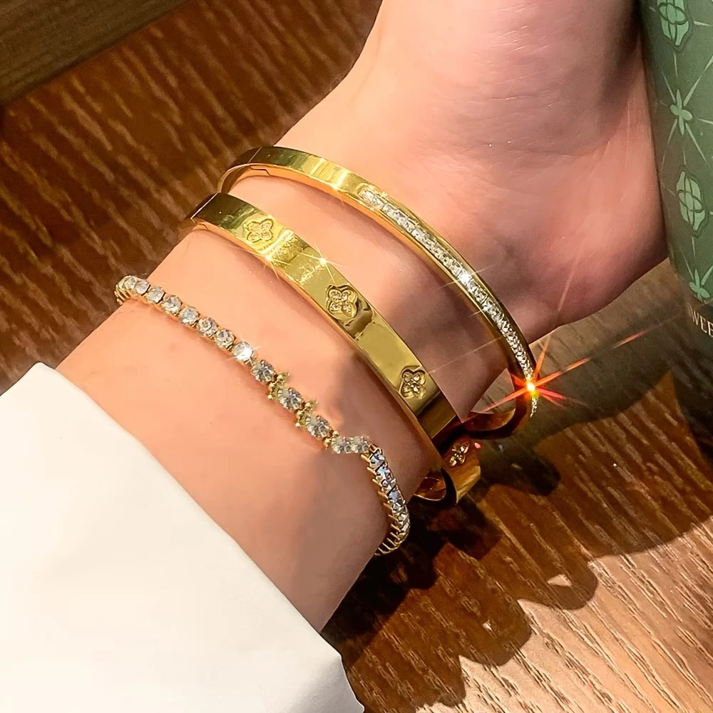 ZAKOL 1/3pcs Gold Color Stainless Steel Bracelets Trendy Sparkling Zircon Inlaid Non-fading Bangle Stacking Jewelry 1