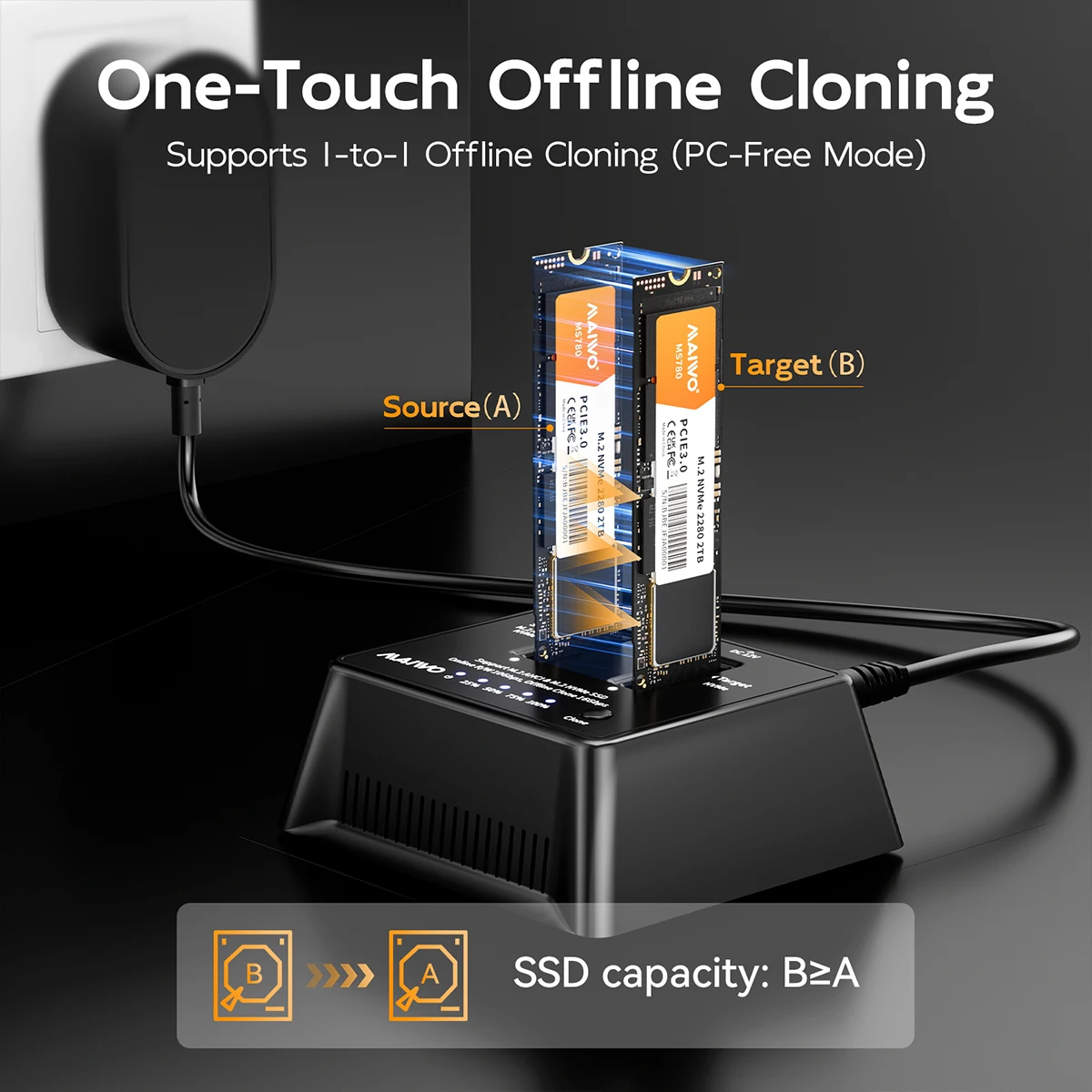 MAIWO SSD 케이스 듀얼 베이 M.2 NVMe 인클로저 10Gbps USB3.2 Gen2 SSD 어댑터 (오프라인 복제 기능 포함) 맥북, 아이패드, PC용 8TB 용량