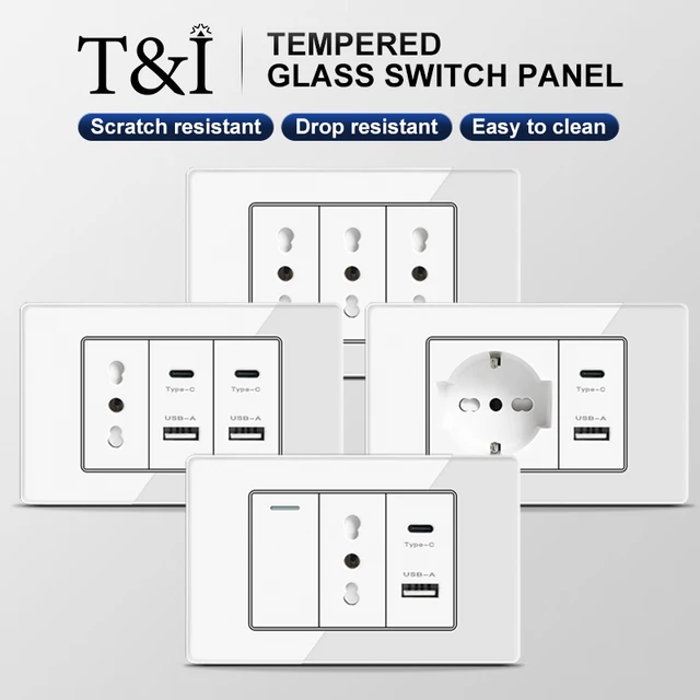 118x75mm Italy&Chile USB TypeC Fast Charging Wall Socket Schuko Wifi Smart Switch Sat TV Tel,White Tempered Glass Panel for Home 1