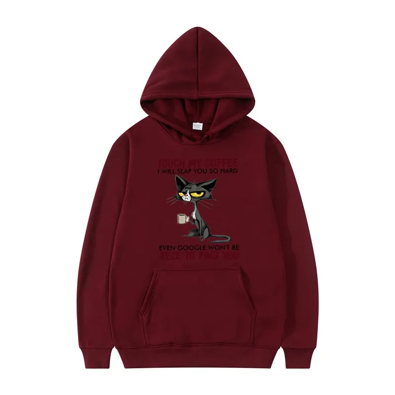 Disdainful Cat Protection Coffee Animation Print Youth Hooded Sports Top Fleece Pullover Casual Jogging Fitness Sweatshirt