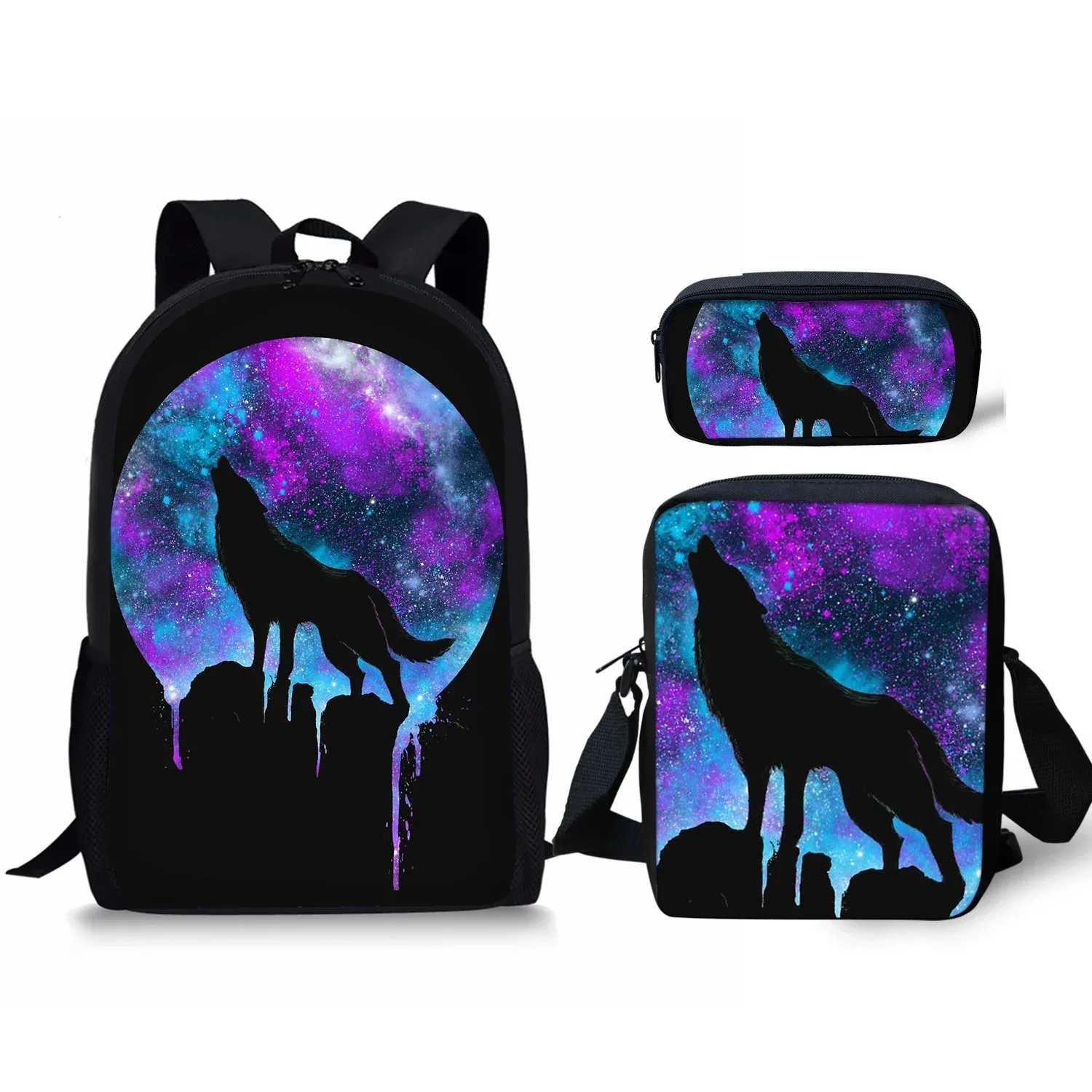 Harajuku Wolf on the Moon Pattern 3D Print Backpack, Student School Backpack, Laptop Backpack, Backpack, Tilt Shoulder