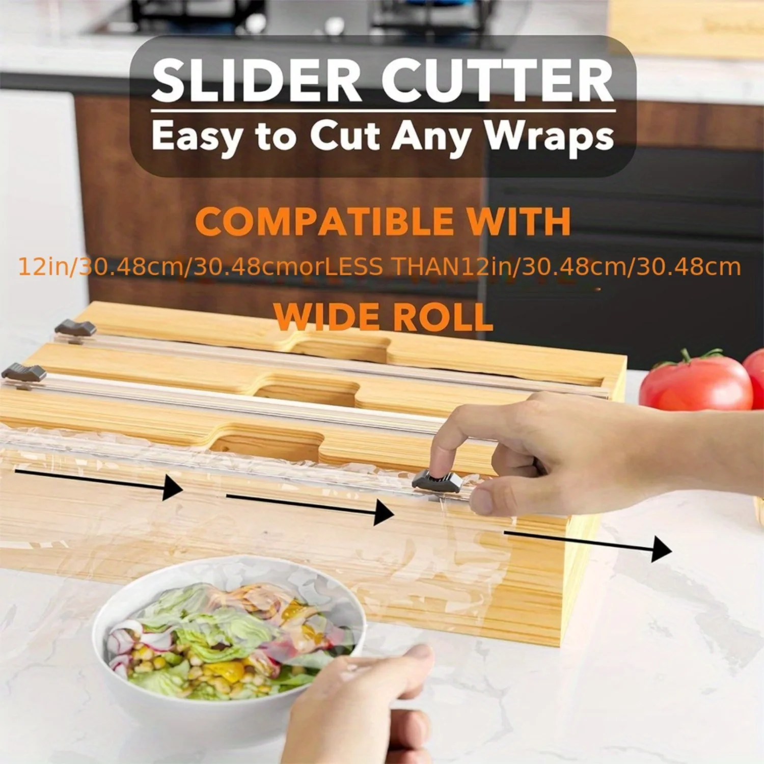 3 in 1 Wrap Organizer with Cutter and Labels, Plastic Wrap, Aluminum Foil and Wax Bamboo Dispenser for Organization Holder for