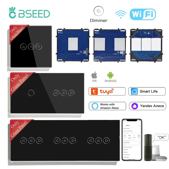 BSEED Wifi สมาร์ทสวิตช์ Dimmer 1/2/3 Gang Touch สวิทช์ไฟฟังก์ชั่น Part Tuya Smart Life Control แผงกระจก DIY ฟรีรวม 1