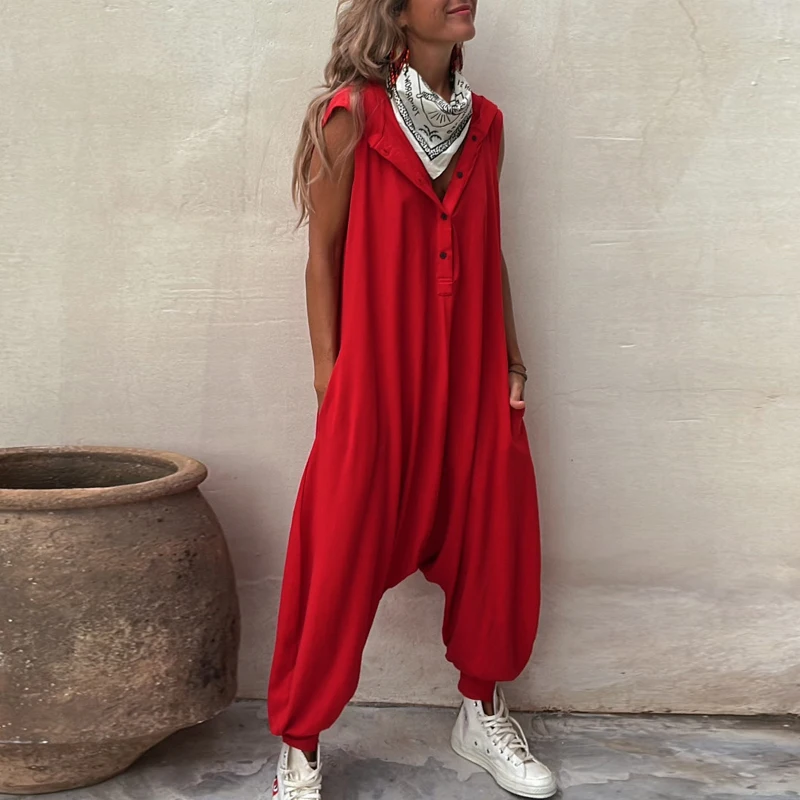 

Simple Casual Solid Button Women Jumpsuit Spring Pocket Cross-pants Hooded Pullover Playsuit New Summer Sleeveless Tank Overalls