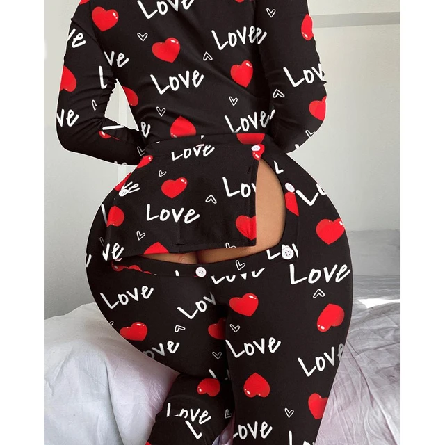 Autumn Spring Women Sexy Heart Letter Print Functional Buttoned Flap Sleep Onesie  Pajamas Ladies V Neck Long Sleeve Sleepwear