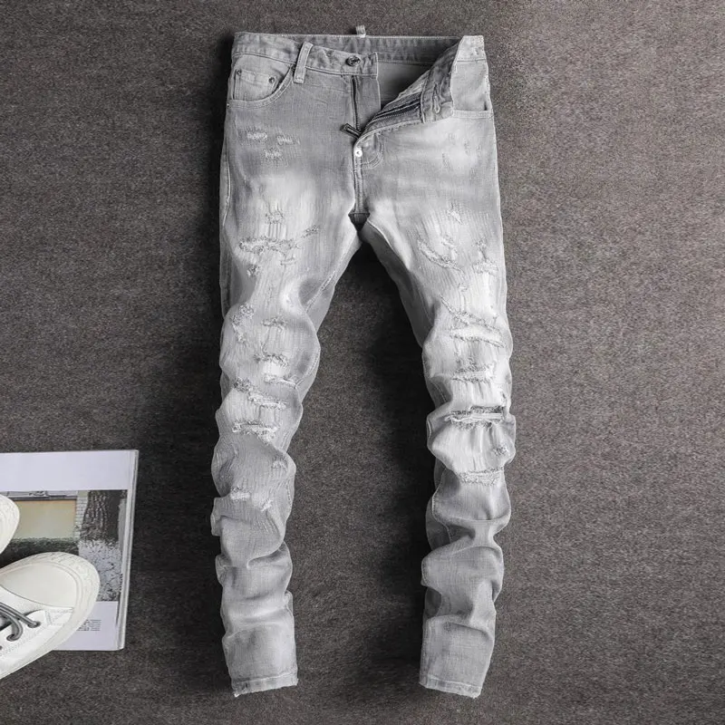 Street Fashion Men Jeans Retro Gray Stretch Slim Fit Vintage Ripped Jeans Men Embroidery Patched Designer Hip Hop Brand Pants