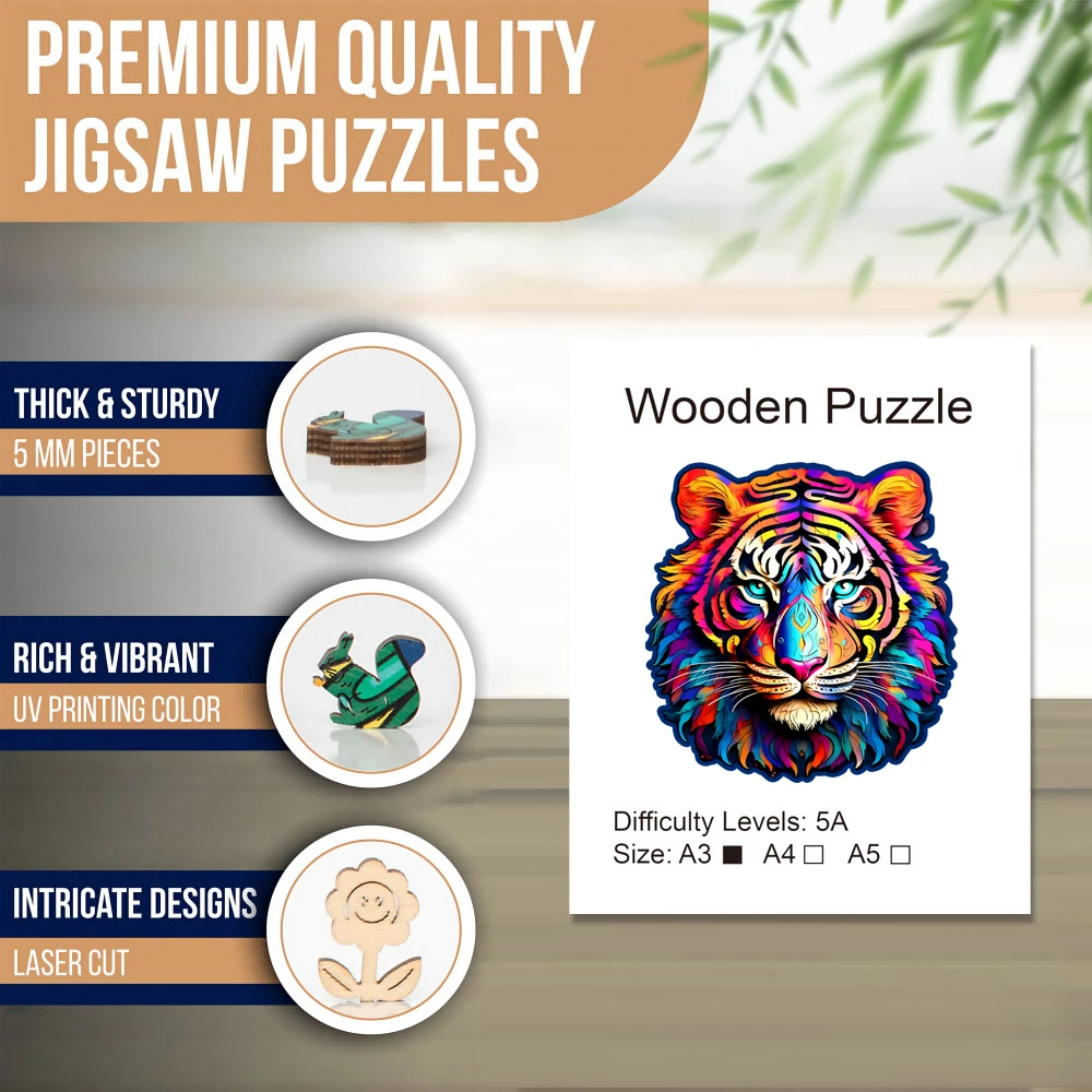 Tiger Wooden Puzzle, Irregular Animal shaped Pieces, High-difficulty Magic Puzzle Intellectual Toy, Family Game Home Decor 5