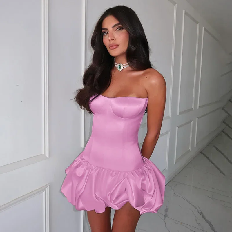 Elegant Strapless Ruched A-line Short Dress Women Slim Off Shoulder Backless Party Dress Autumn Lady Solid Evening Gowns