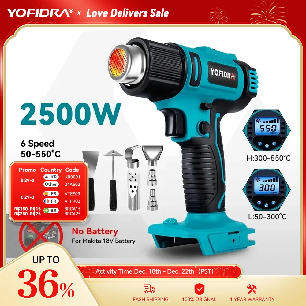 Yofidra 550 ℃ Pistola Ad Aria Calda 2500W 2Nd Gear Temperatura 6Th Gear Velocità Del Vento Display Della Temperatura A Led Per Pistola Termica A Batte