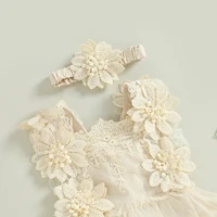 Infant Baby Girl Summer Romper Floral Lace Embroidery Romper Dress Straps Sleeveless Sweet Triangle-Bottom Jumpsuit And Headband 3