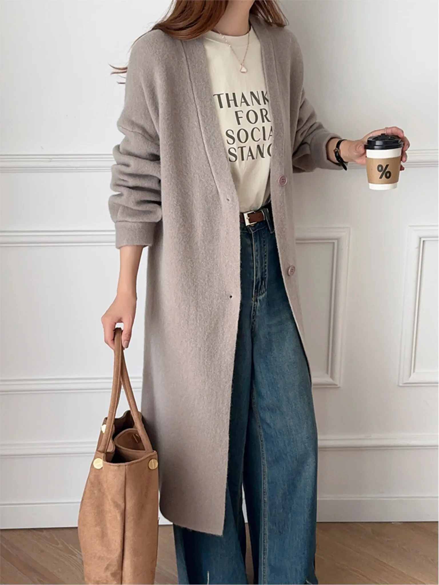 

Autumn Winter Casual Single Breasted Knitted Cardigans Women Long Sleeve Loose Ribbed Overcoats Office Lady Sweater Coat