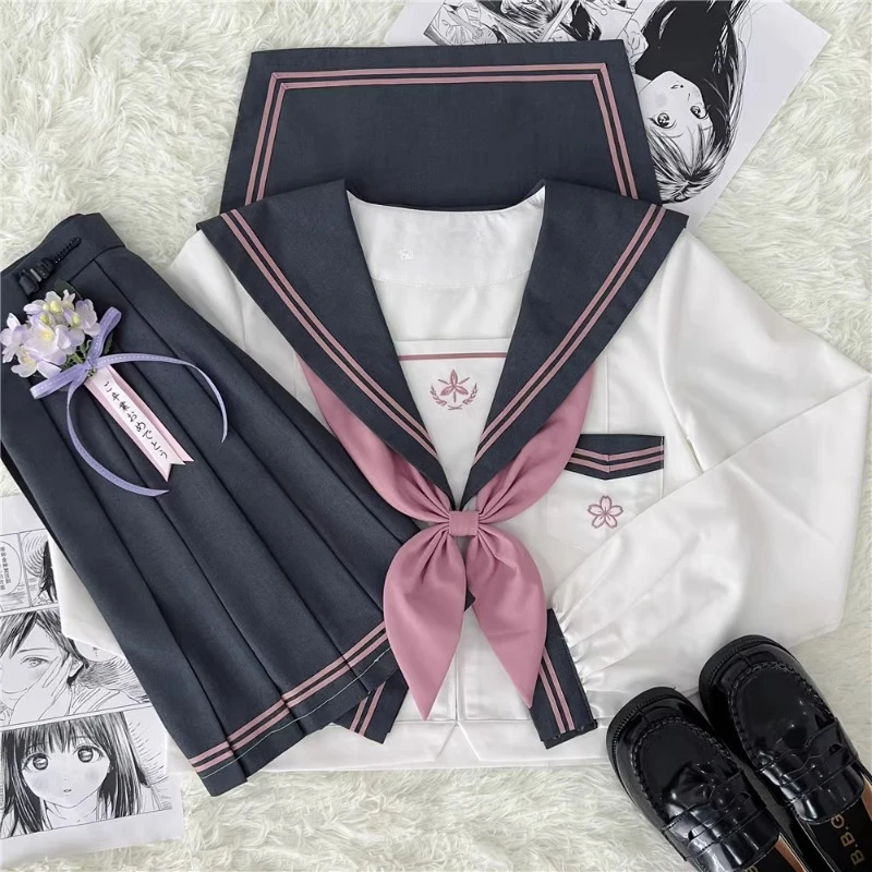 New Japanese Lolita Sailor Suits JK Uniform Preppy Style Sweet Sets Long And Short-Sleeved Top Skirt Spring Summer Clothes Girls