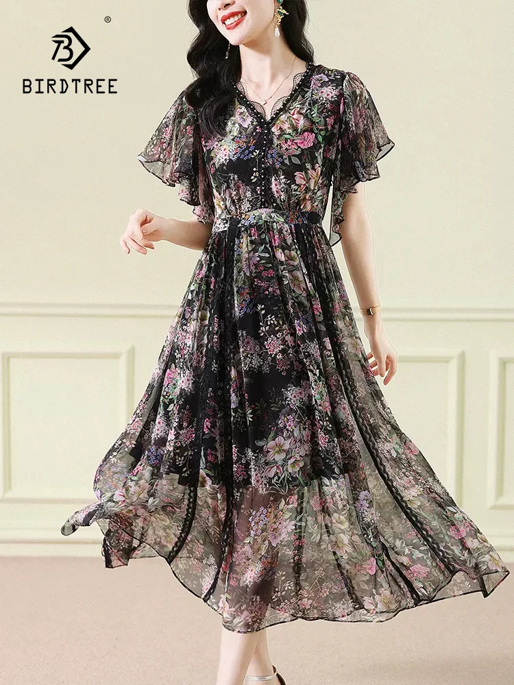 

Винтажное раздробленное платье Birdtree, 100% шелк тутового шелкопряда, лето-осень, новое тонкое кружевное элегантное праздничное платье с расклешенными рукавами и v-образным вырезом, D30841QC