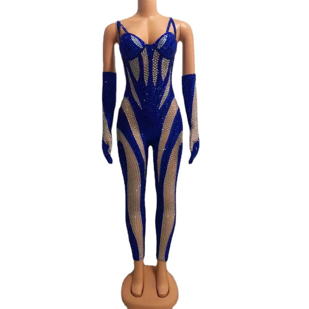 

Sexy Full Rhinestones Transparent Birthday Prom Party Club Outfit Singer Show Rompers Stage Wear Luxurious Jumpsuit Gloves Set