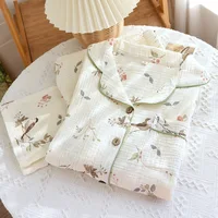 2026 New Spring and Autumn Women's Pajama Set 100% Cotton Crepe Long Sleeve Long Pants Two Piece Set Loose Enlarged Home Clothes