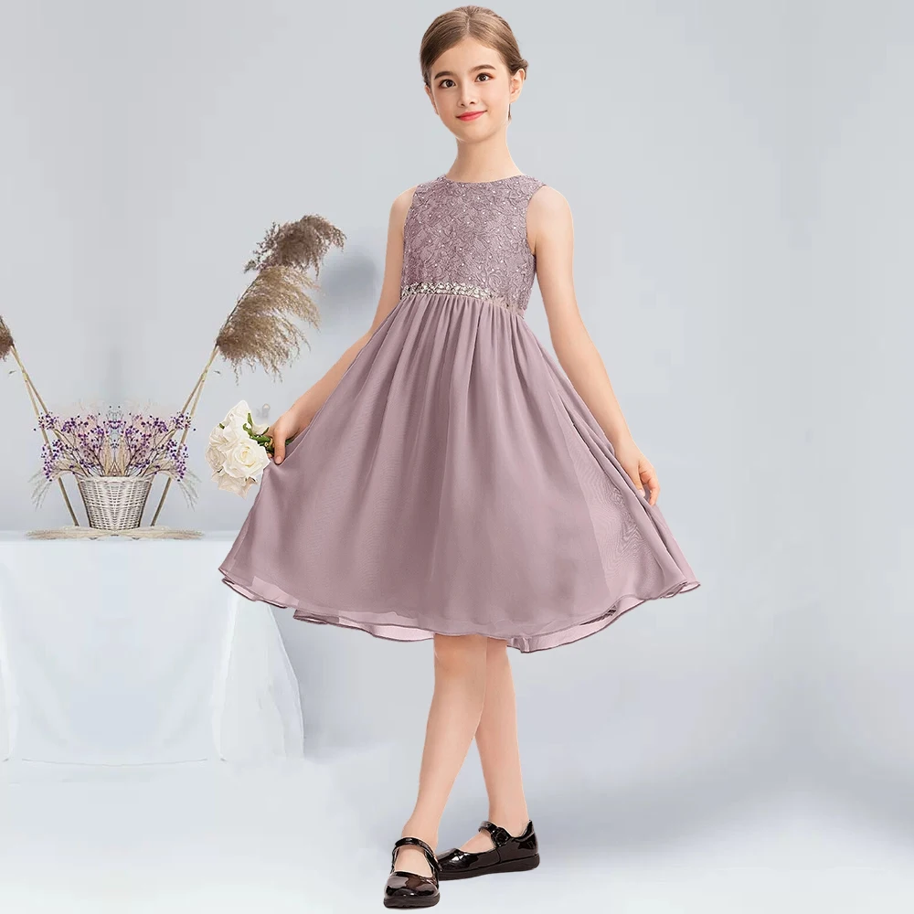 

A-line Scoop Knee-Length Chiffon Lace Junior Bridesmaid Dresses With Beading Bow Summer Flower Girl Dress Sleeveless Back Zip